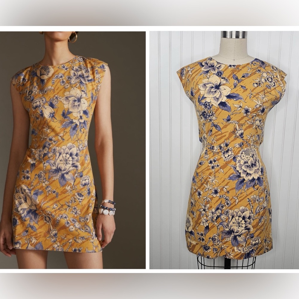 Anthropologie Tie-Back‎ Utility Mini Dress Gold Floral Size 10 - Picture 2 of 13